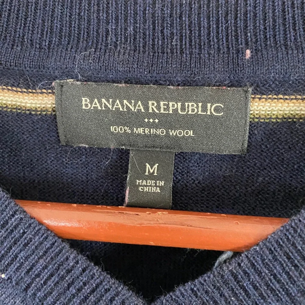 Banana‎ Republic Merino Wool Striped V-Neck Knit Sweater Navy Cream Mens Medium